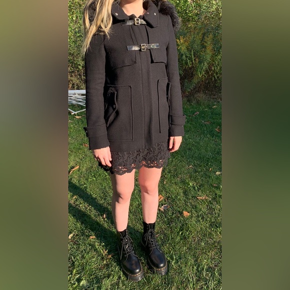 Zara Black 75% Wool Winter Jacket coat Hood with black fur metal Buckel pocket S - Picture 5 of 16